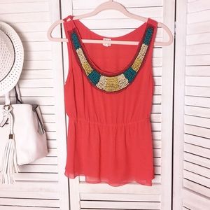 Edme & Esyllte Coral Silk Chiffon Beaded Top - 6